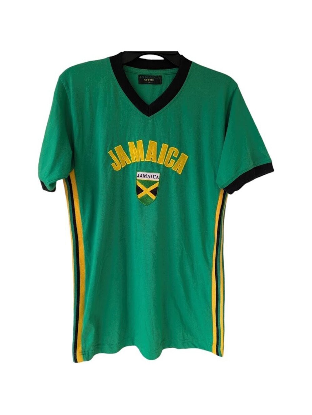 Vintage Jamaica One V-Neck T-Shirt Mens S Green Jamaican Flag Patch 18.5x28